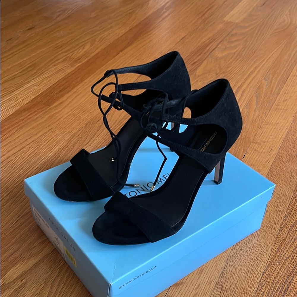 Black Lace-Up Suede Heeled Sandals